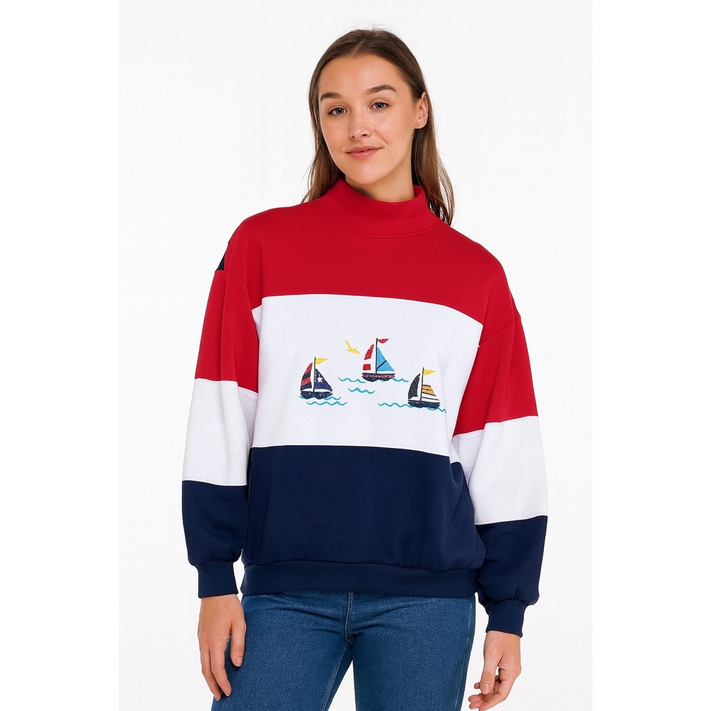 Vintage Sports Accent Pullover Sweatshirt‎ Nautical Embroidered Red White Blue